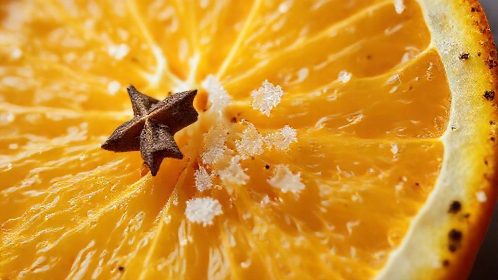 Close-up da laranja cheia de cravos e sal grosso, destacando a textura e o brilho úmido do leite de rosas