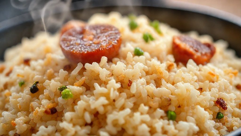 Close-up do arroz soltinho com pedaços de linguiça e legumes coloridos, realçando textura e brilho