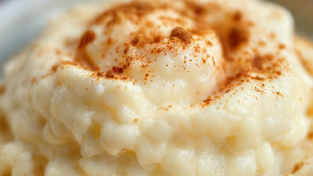 Close-up do arroz doce pronto, mostrando textura cremosa e canela polvilhada por cima
