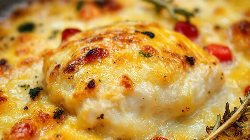 Close-up do bacalhau natalino gratinado, destacando o queijo derretido e a textura dourada com pimentões coloridos.