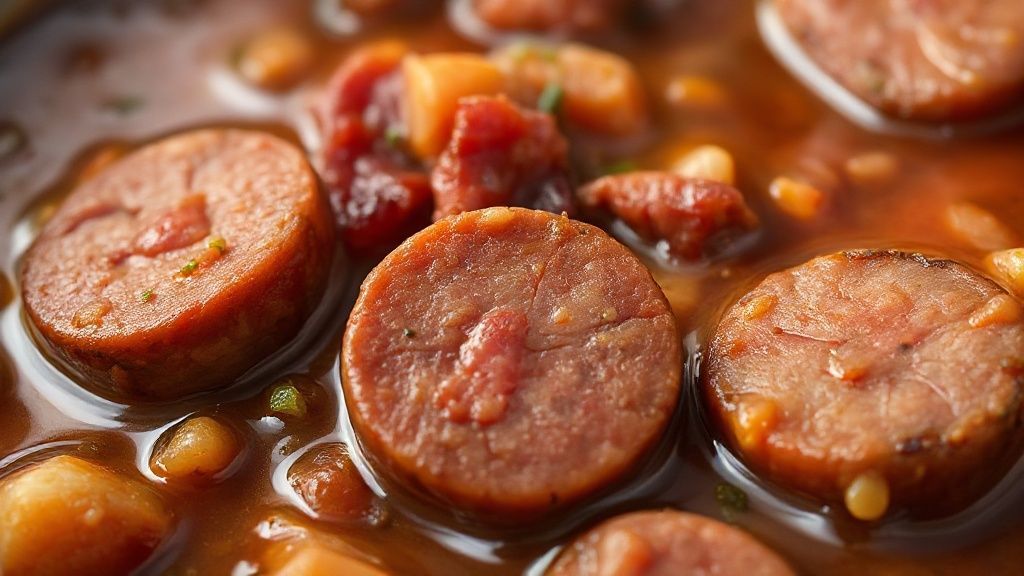 Close-up mostrando a textura suculenta e os pedaços de linguiça e bacon no ensopado denso e brilhante.