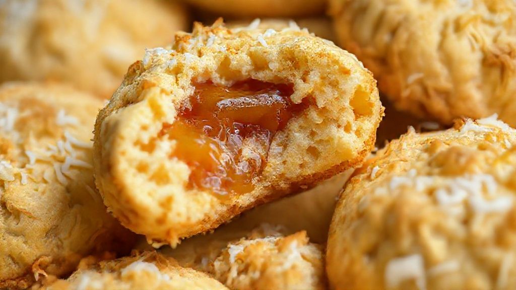 Close-up dos biscoitinhos prontos, mostrando a textura dourada, o coco e o recheio de goiabada derretido