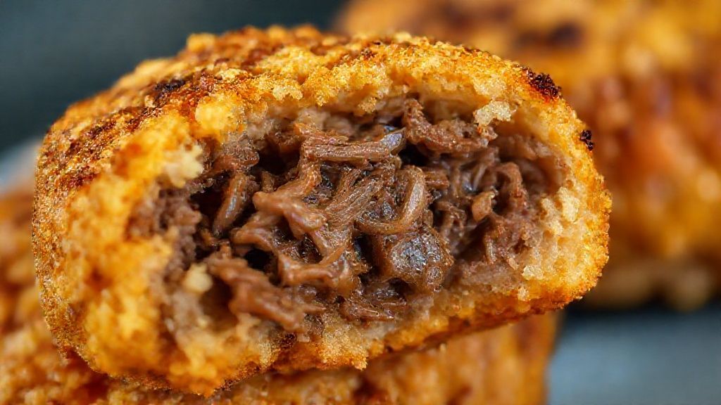 Close-up do bolinho de arroz com costela partido ao meio, mostrando o recheio úmido e crosta crocante