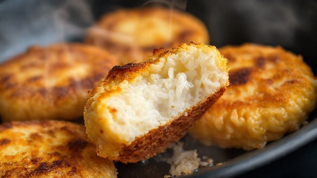 Close-up de um bolinho cortado ao meio, mostrando interior macio e dourado por fora