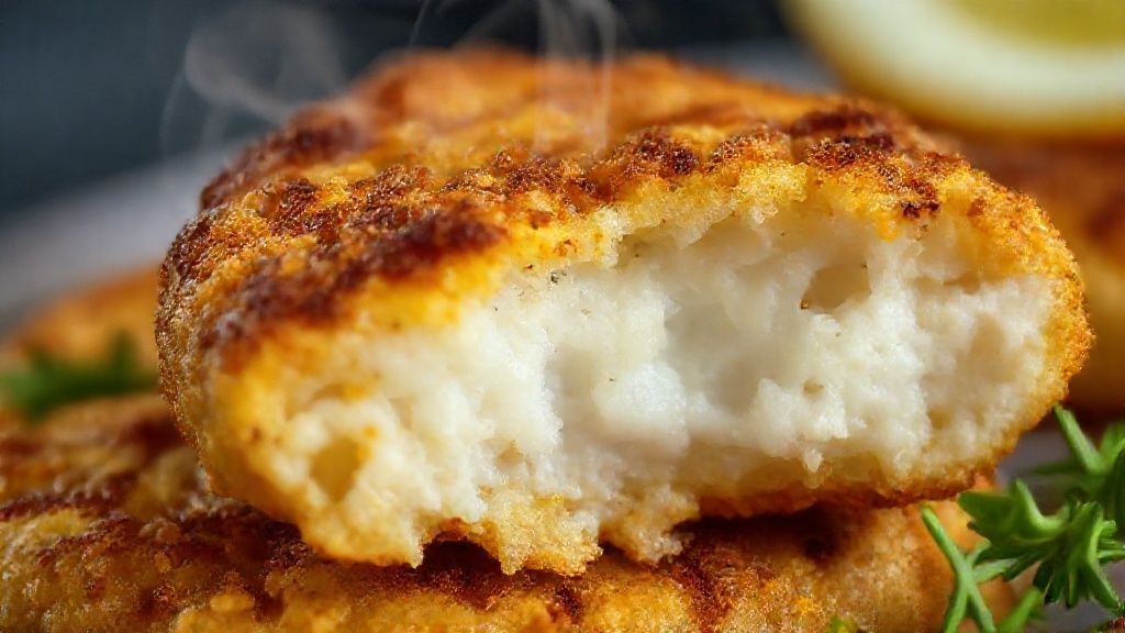 Close-up de um bolinho partido ao meio, mostrando a textura cremosa interna.