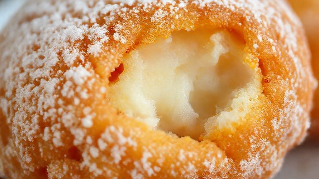 Close-up de um bolinho partido ao meio, mostrando o interior macio e a casquinha crocante coberta com açúcar e canela.