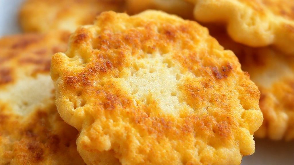 Close-up do bolinho de polvilho rompido, mostrando o interior leve e aerado