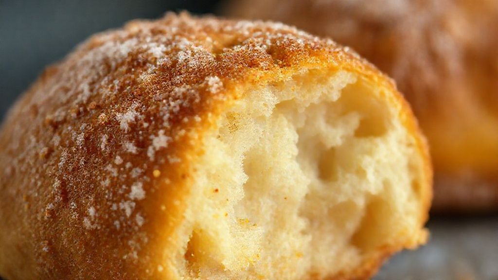 Close-up mostrando a textura crocante e o interior macio do bolinho sapo