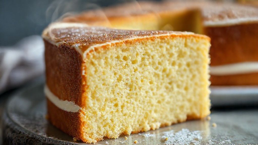 Close-up do bolo amanteigado mostrando a textura fofa e o dourado da crosta