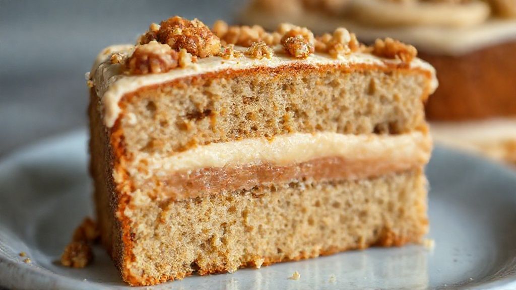 Close-up da fatia do bolo mostrando camadas e recheio cremoso com pedaços de nozes