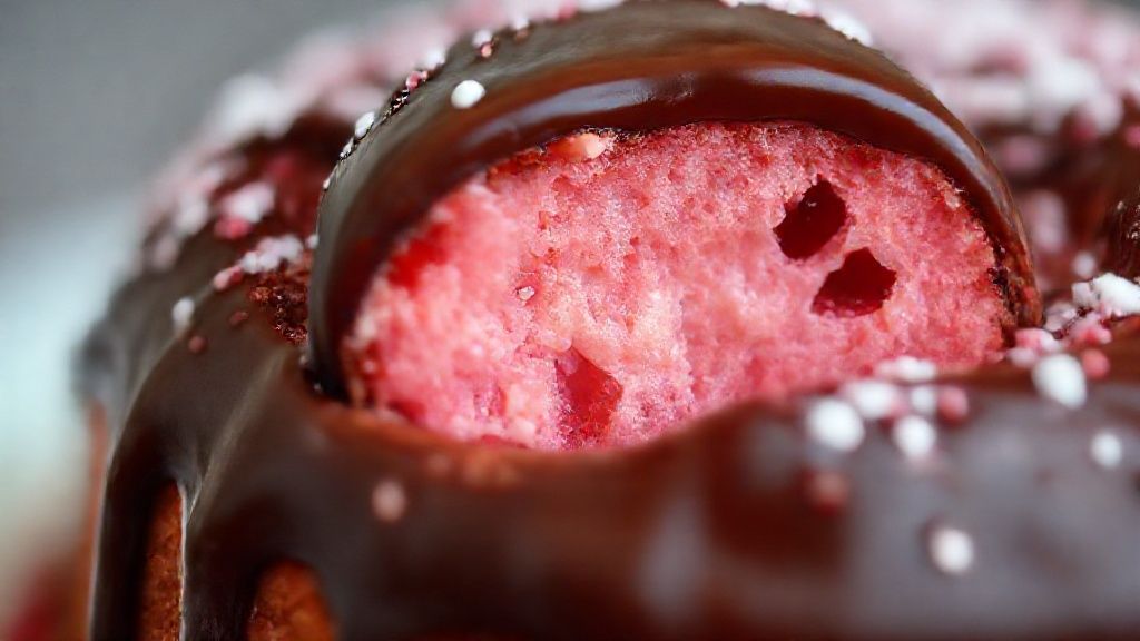 Close-up do bolo bombom de morango fatiado mostrando o recheio e a cobertura derretendo