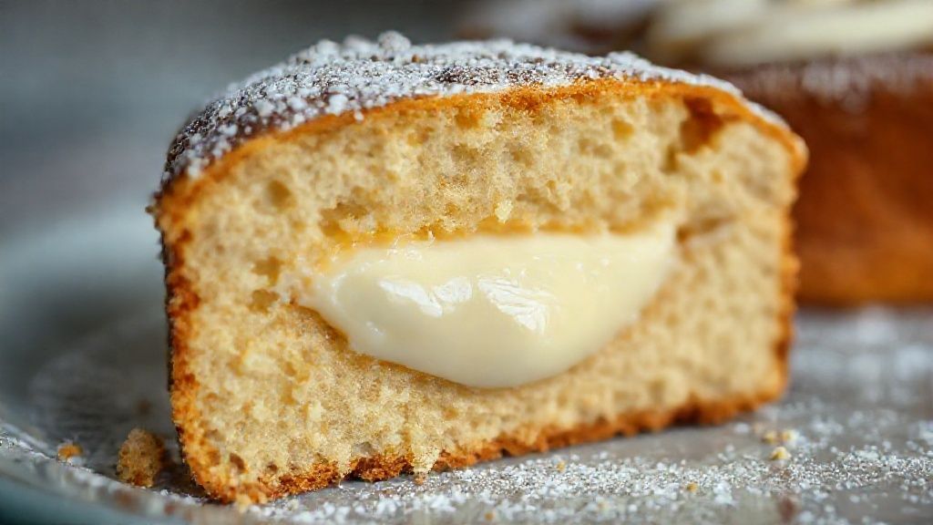 Close-up do bolo fatiado mostrando o recheio cremoso no centro e a textura fofa da massa