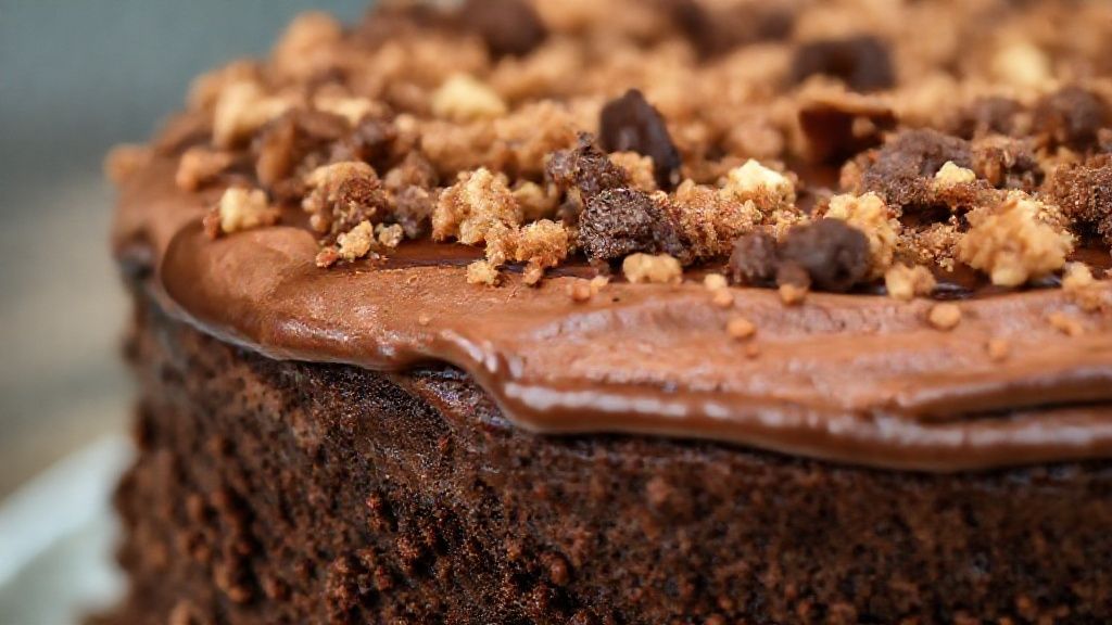 Close-up do bolo crunch cake com camadas visíveis e textura crocante destacada