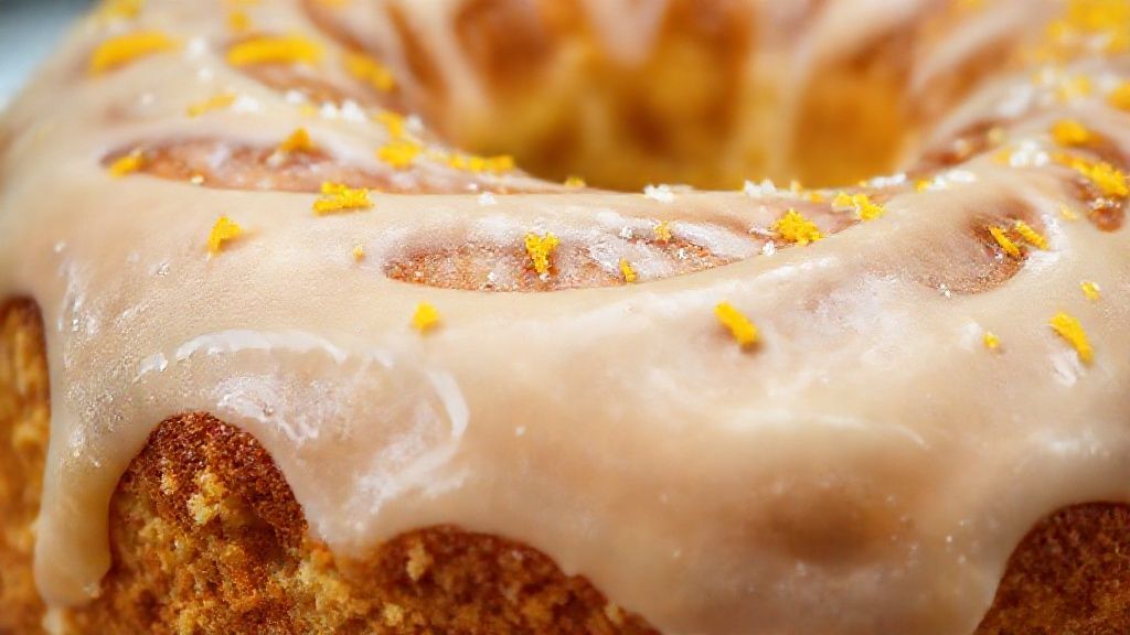 Close-up de uma fatia do bolo mostrando textura úmida e cobertura brilhante de açúcar com raspas de limão