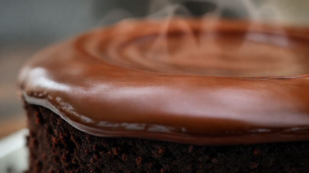 Close-up do bolo de chocolate com cobertura de creme brilhante e textura suave