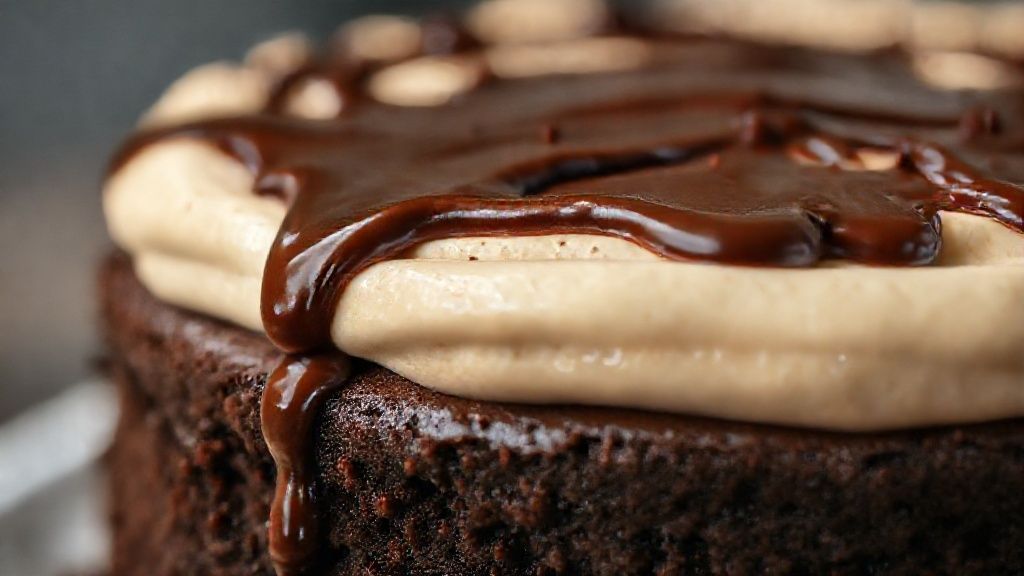 Close-up do bolo de chocolate pronto com cobertura brilhante escorrendo sobre as laterais