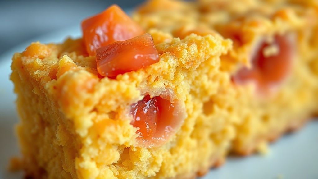 Close-up do bolo de flocão com goiabada mostrando a textura úmida e pedaços caramelizados de goiabada