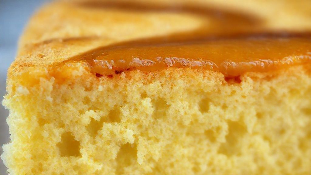 Close-up mostrando a textura fofa e os veios de goiabada derretida em uma fatia do bolo