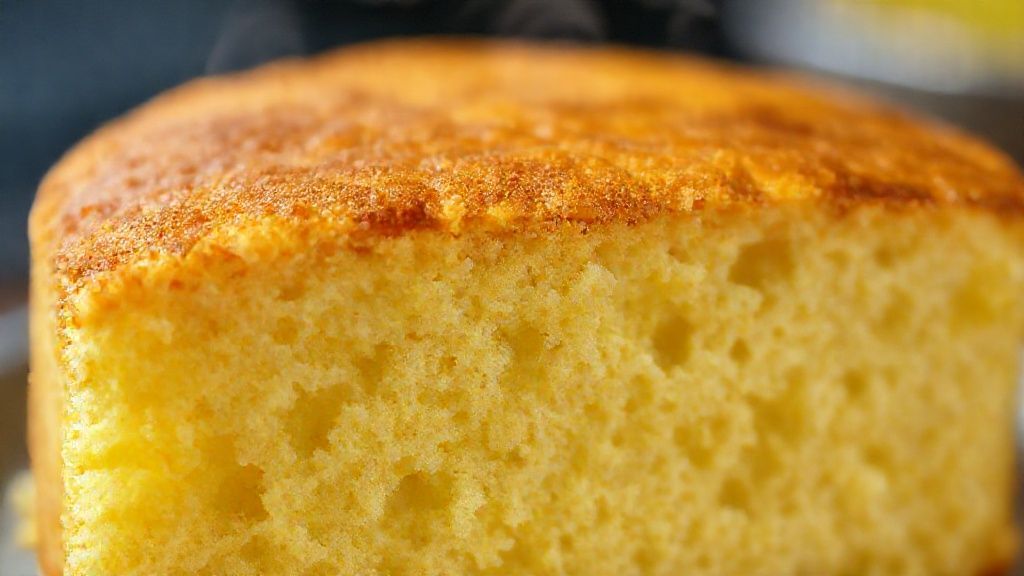 Close-up do bolo de fubá recém-assado, destacando a textura úmida e crosta dourada