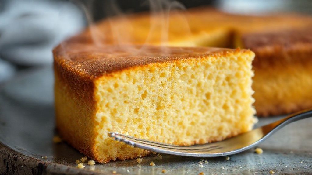 Close-up do bolo de fubá simples cortado, mostrando a textura macia e o interior úmido