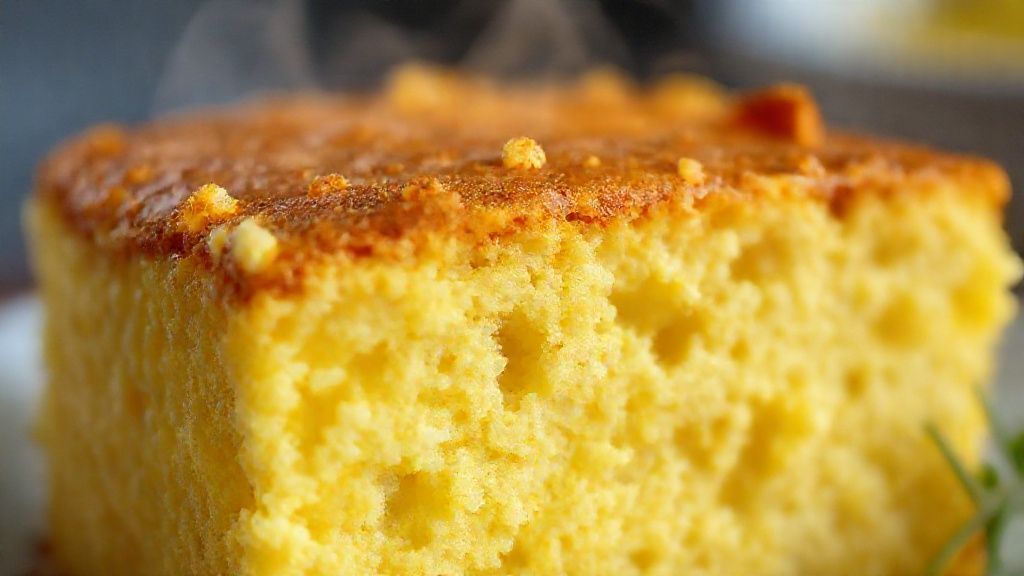 Close-up do bolo cremoso mostrando a textura úmida e dourada do interior.