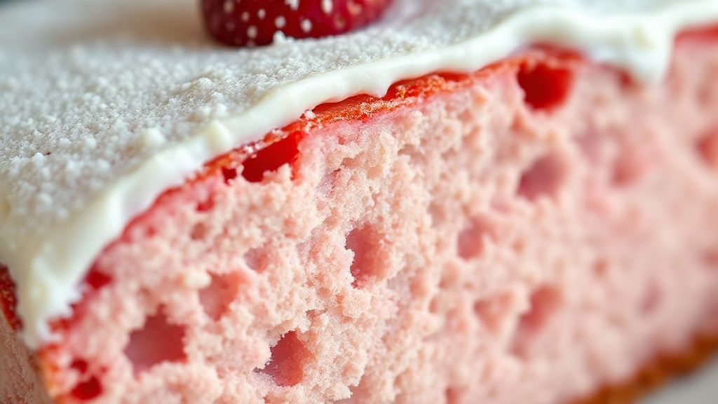 Close-up do bolo cortado mostrando a textura fofa e a cobertura cremosa