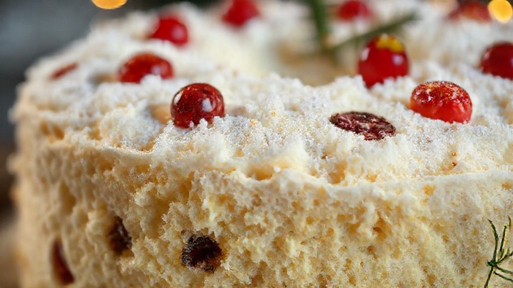 Close-up do bolo de Natal cortado, mostrando a textura leve e as frutas cristalizadas coloridas.