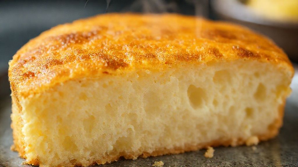 Close-up destacando a textura leve e crocante do bolo de polvilho recém-assado