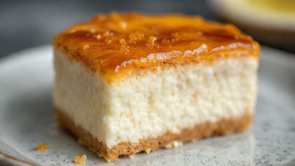 Close-up mostrando a textura cremosa e a superfície caramelizada do bolo gelado
