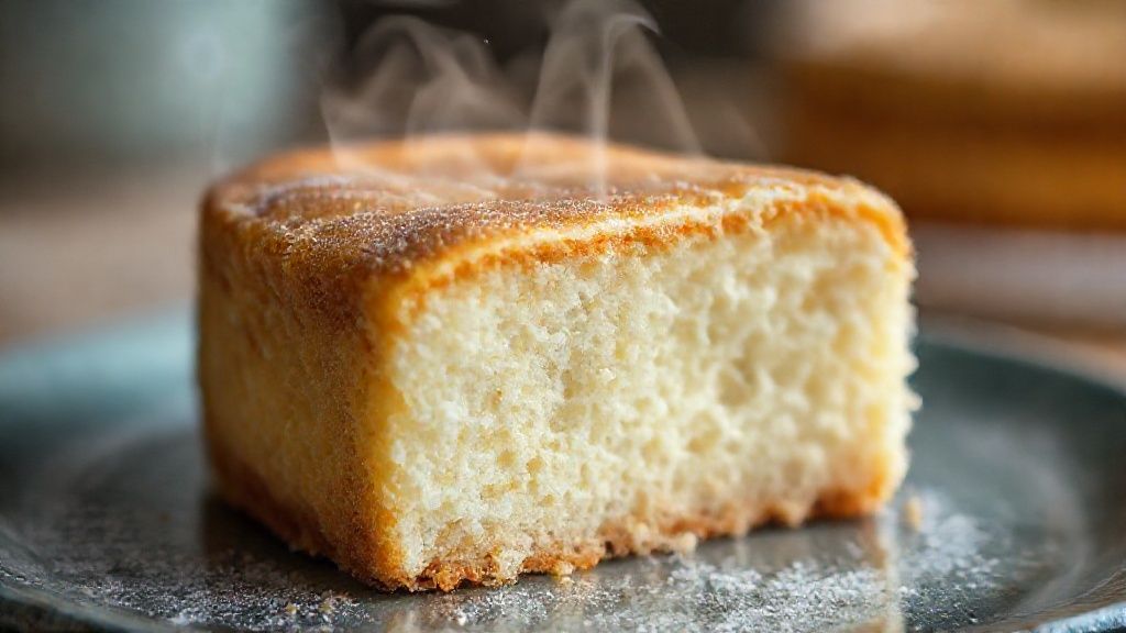 Close-up do bolo pequeno cortado, mostrando a textura leve e macia da massa