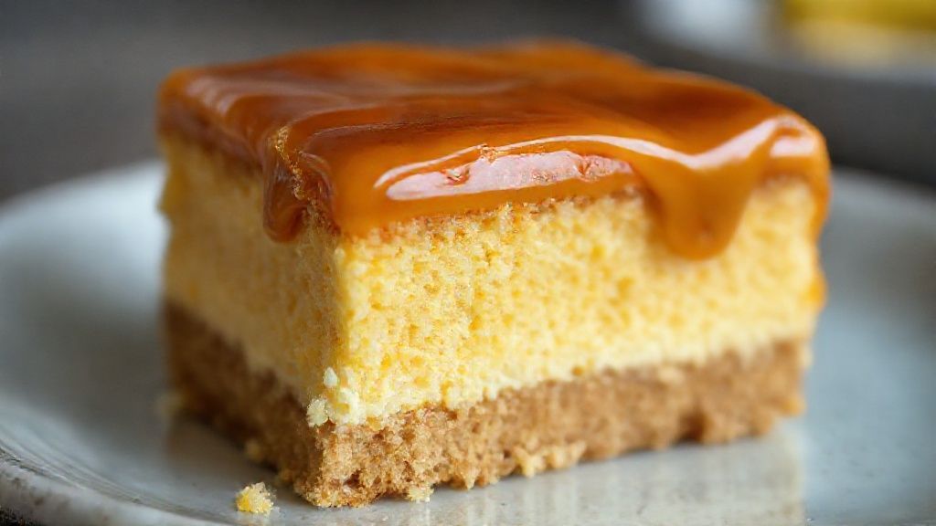 Close-up de uma fatia do bolo pudim de milho, mostrando as duas camadas e a calda brilhante