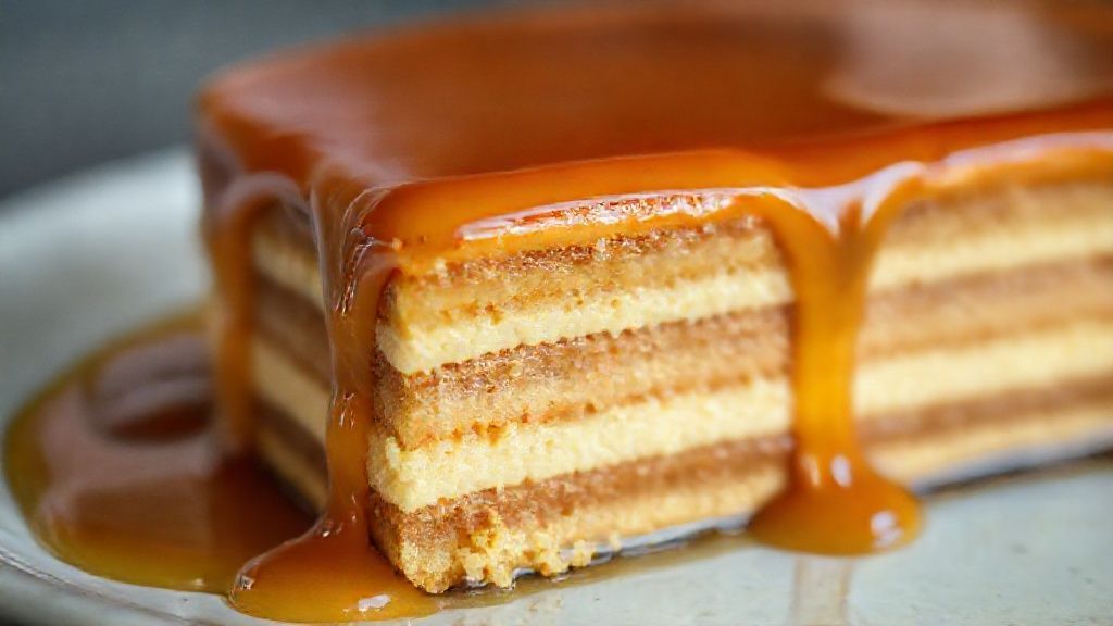 Close-up do bolo pudim pronto, mostrando a calda brilhante e a textura cremosa das camadas