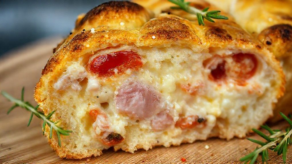 Close-up do bolo salgado fatiado, mostrando o recheio cremoso com presunto, queijo e tomatinhos