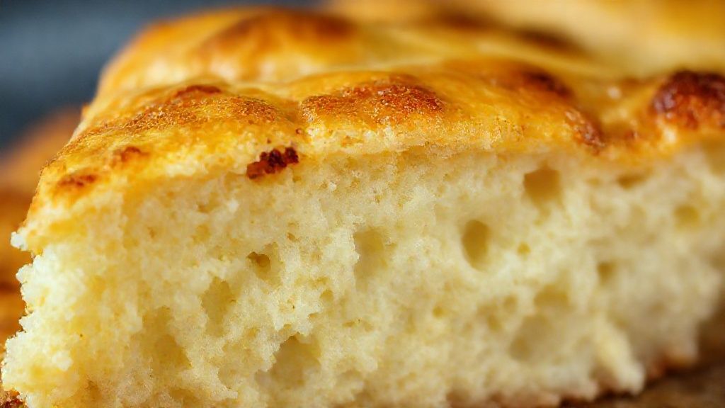 Close-up do bolo salgado cortado, mostrando a textura fofa e pedaços de queijo e presunto derretidos