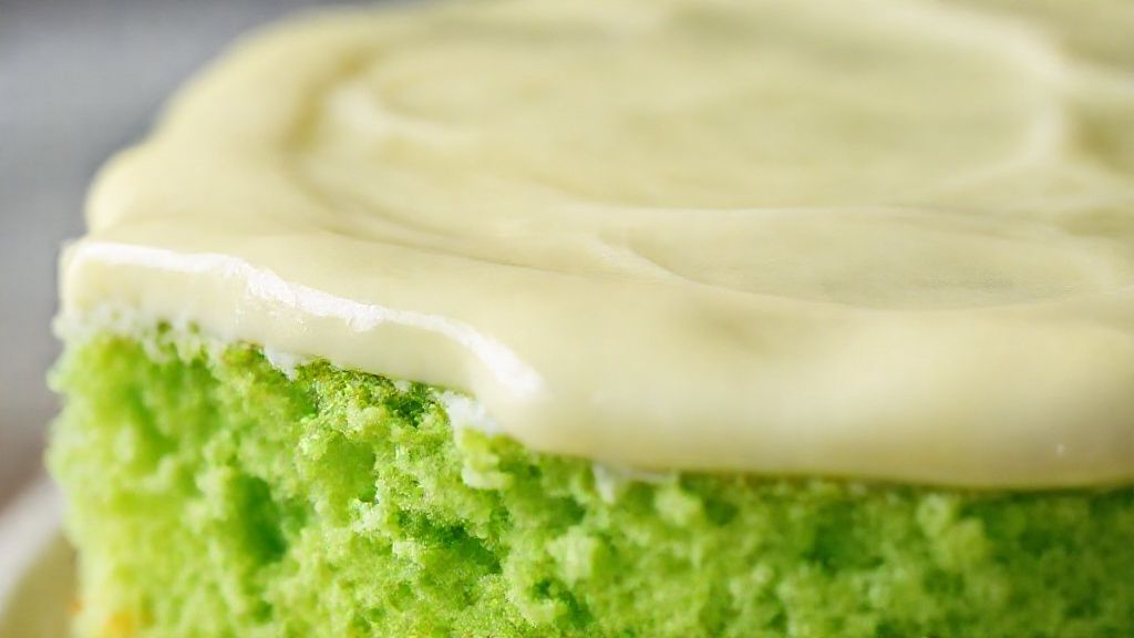 Close-up do bolo verde cortado, mostrando a textura úmida e o contraste da cobertura cremosa de limão