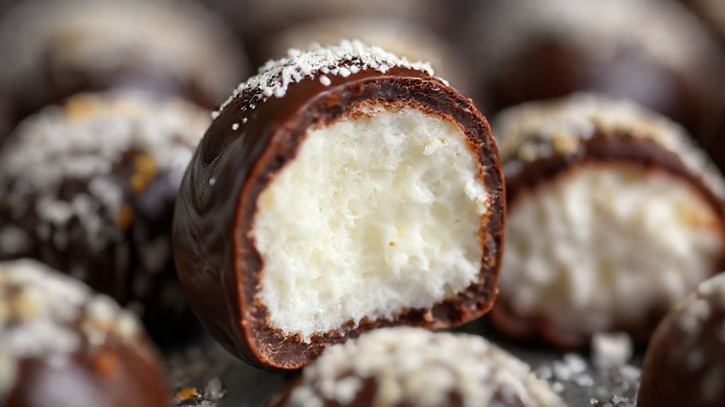 Close-up do bombom prestígio cortado ao meio, mostrando o recheio cremoso de coco.