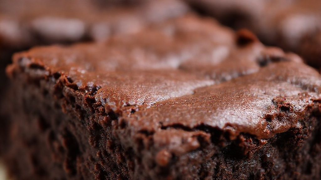 Close-up do brownie cortado mostrando textura úmida e casquinha brilhante