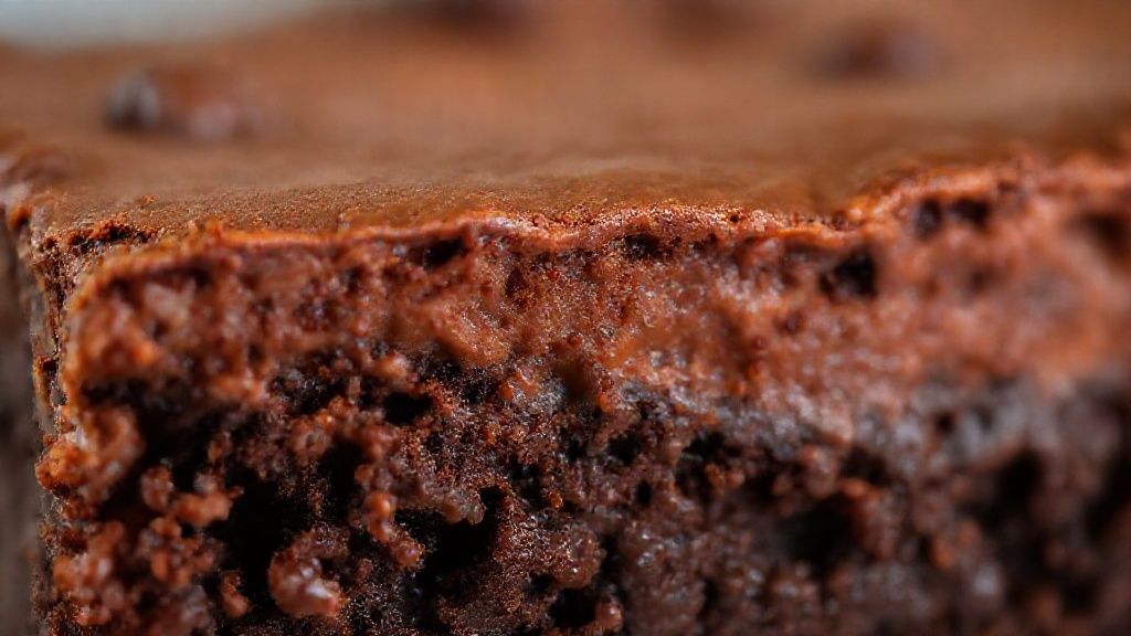Close-up do brownie cremoso pronto, mostrando a textura do miolo úmido e a casquinha fina crocante