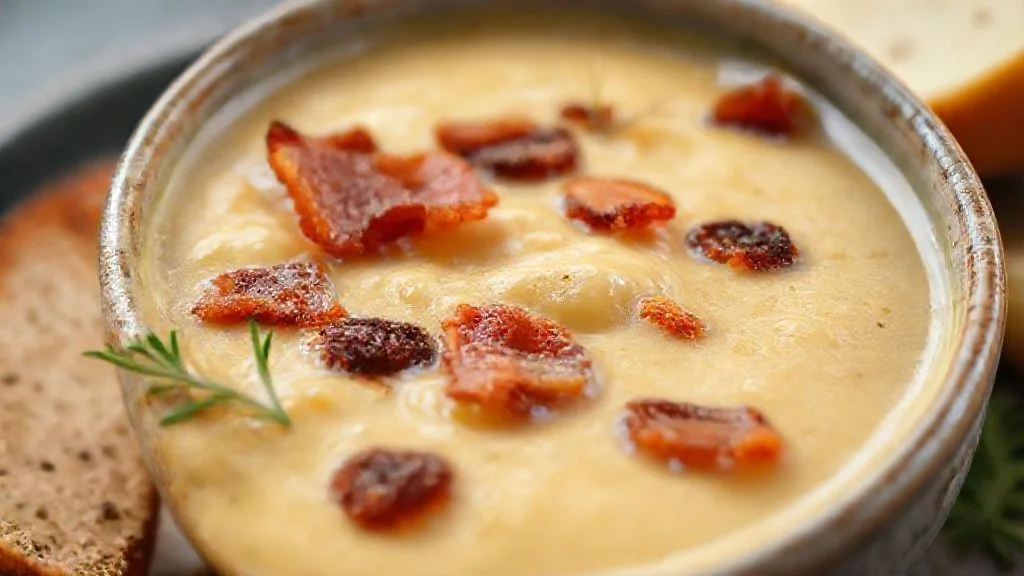 Close-up mostrando a textura cremosa do caldo e pedaços de bacon crocante por cima
