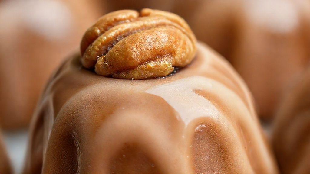 Close-up mostrando a textura e o brilho do glacê no camafeu com noz decorando o topo