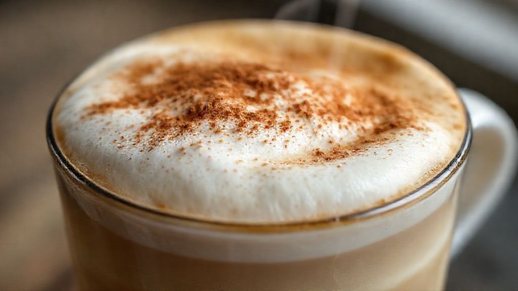 Close-up da espuma firme do capuccino cremoso, com canela polvilhada e borda decorada