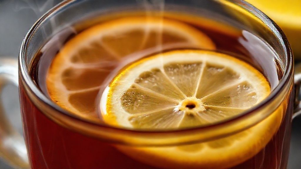 Close-up do chá preto com limão pronto, destacando o vapor e o brilho dourado da bebida