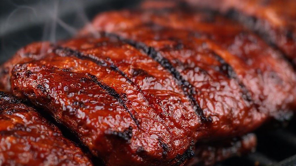 Close-up da picanha e costela fatiadas, mostrando a textura e brilho da carne suculenta.