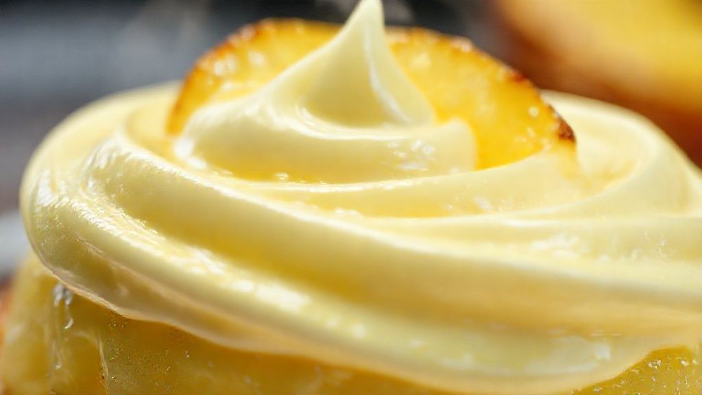 Close-up do creme de abacaxi finalizado, destacando o brilho, a textura aveludada e pequenos pedaços da fruta