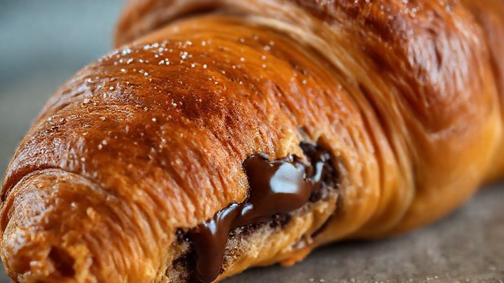 Close-up do croissant folhado com chocolate derretendo e textura crocante