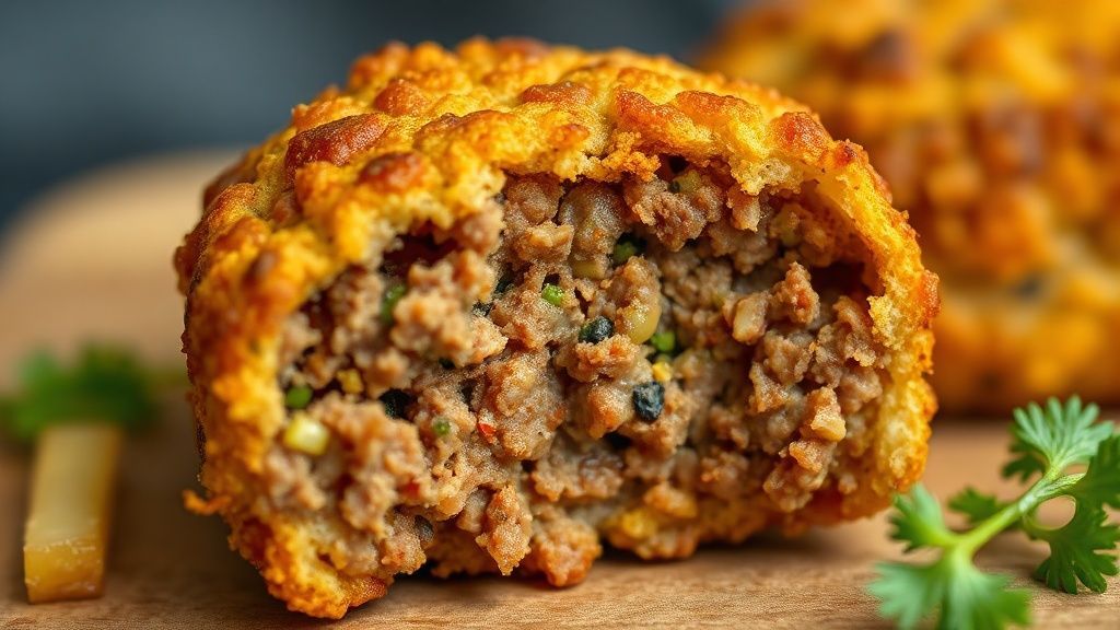 Close-up de um croquete partido ao meio, destacando o interior macio e a casquinha dourada