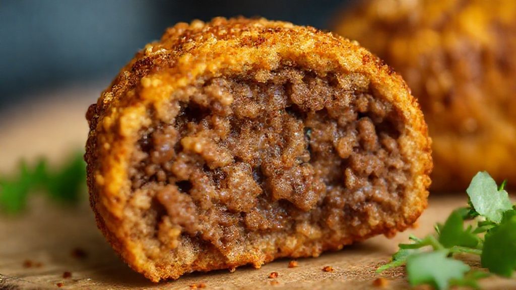 Close-up do croquete partido ao meio, mostrando o interior suculento e a crosta crocante
