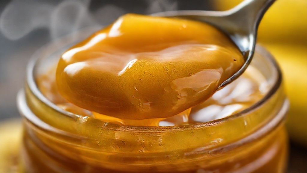 Close-up do doce de banana cremoso em colher, destacando textura e brilho