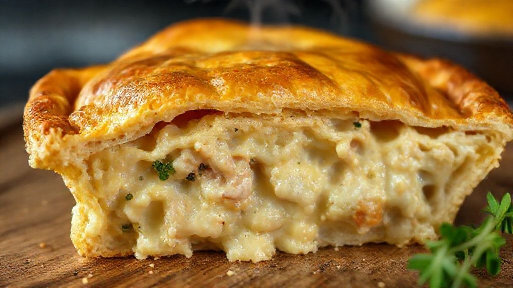 Close-up de uma fatia de empadão de frango tradicional mostrando o recheio cremoso e a massa crocante.