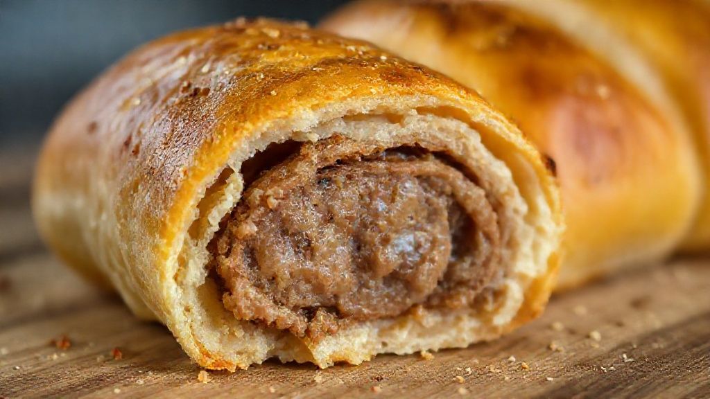 Close-up do enroladinho de salsicha dourado, mostrando a textura macia e o recheio suculento